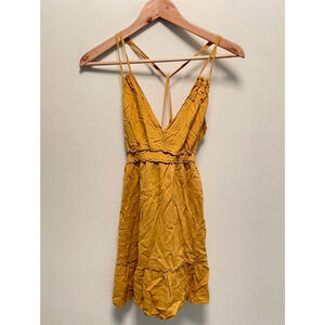 Vintage Juniors Mini Dress Medium Yellow Tiered Halter Strappy Rayon Boho Y2K